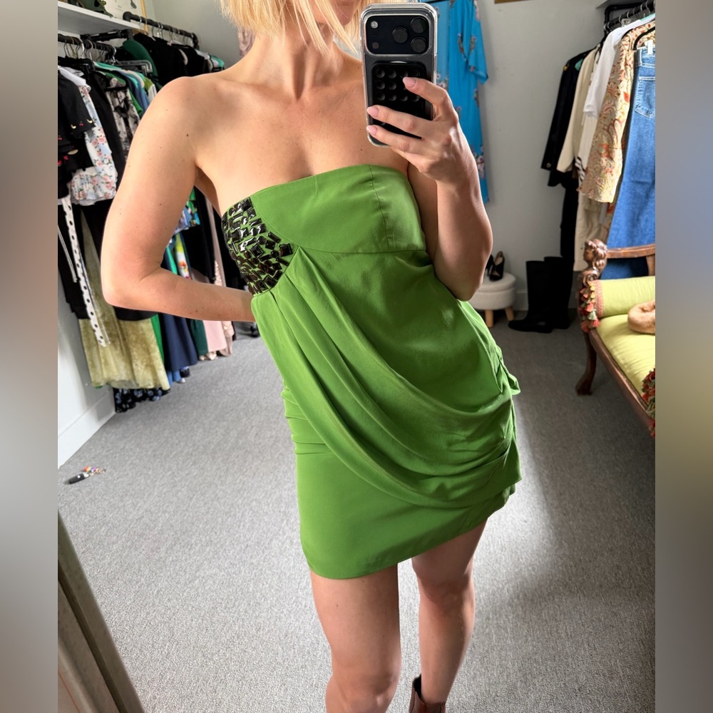 Strapless Green Draped Mini Dress